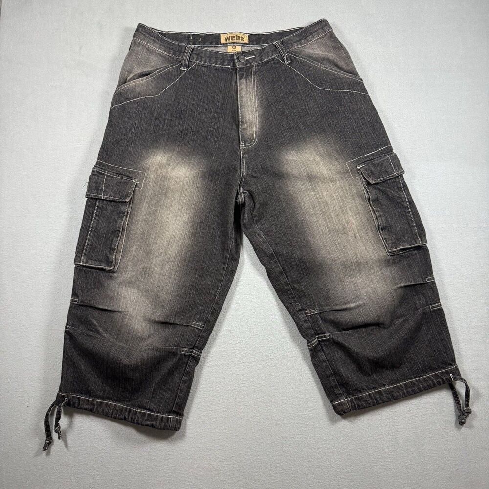 Webs Cargo Denim Capri Shorts Men Size 38 Black Wide Leg Baggy Y2K Streetwear